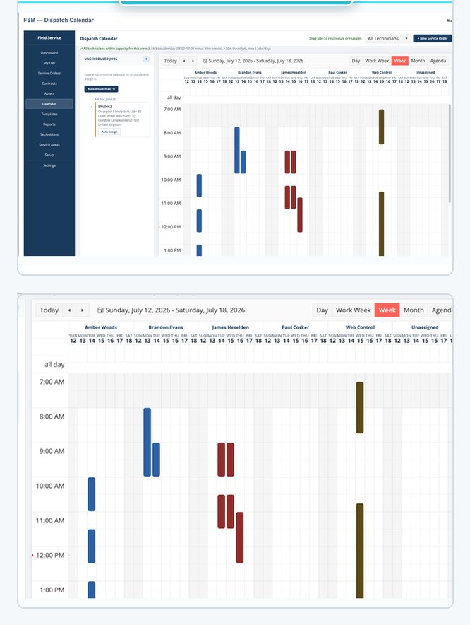 The FSM dispatch calendar in NetSuite showing engineers' scheduled service work
