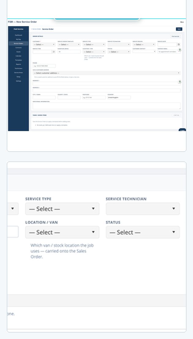 A service order in NetSuite with task instructions and data capture fields for the engineer