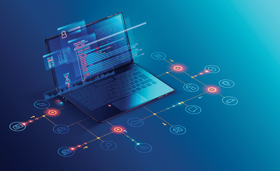 Illustration of a laptop connected to digital data flows