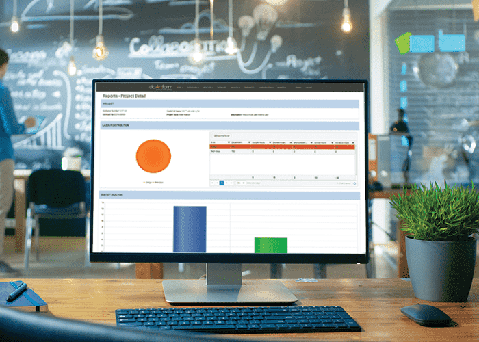 Desktop monitor showing a time recording and project costing dashboard