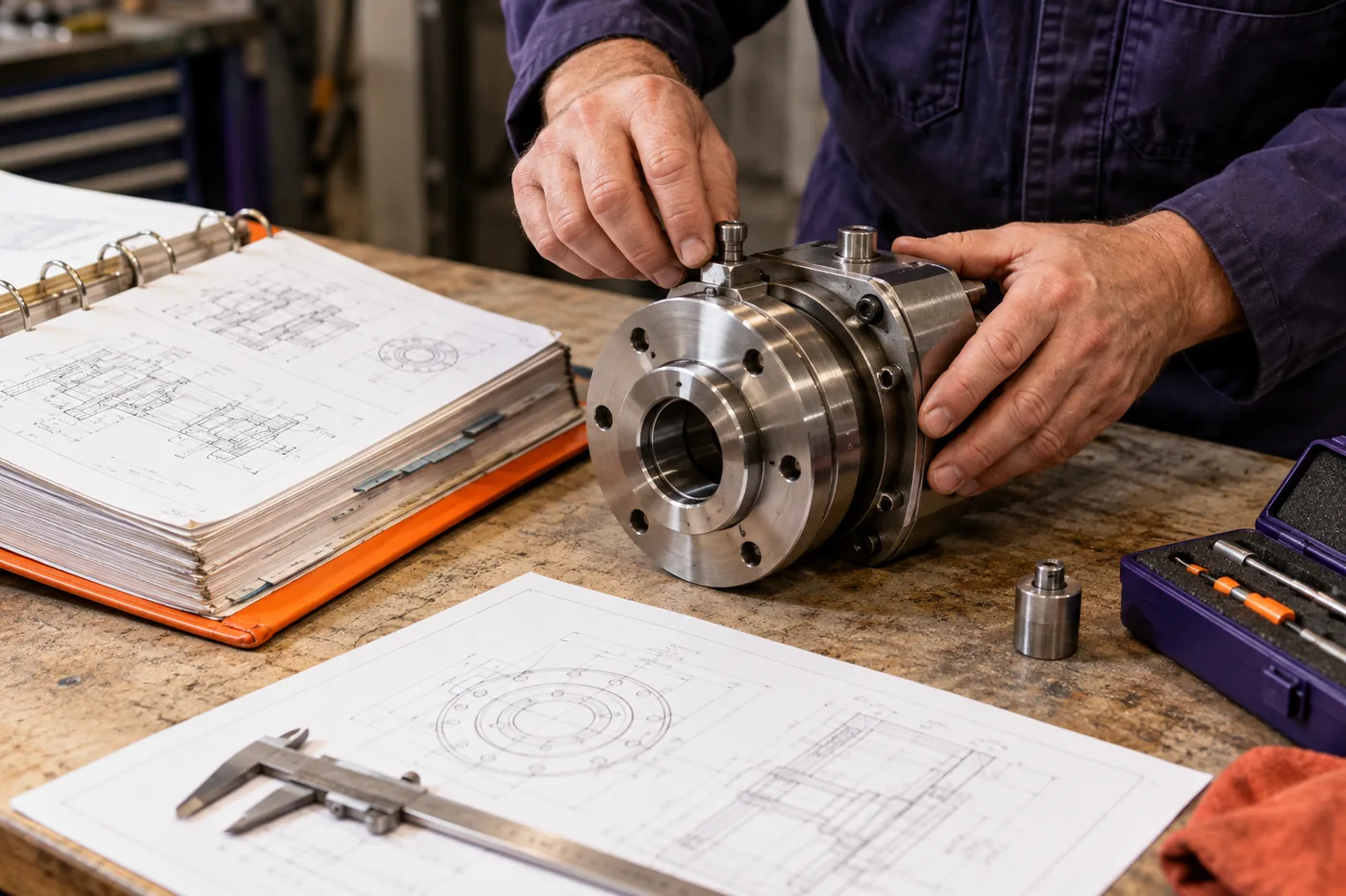 An engineer checks an established assembly against maintained technical drawings.